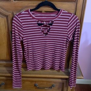 Hollister Red and White Striped Ribbed Long Sleeve